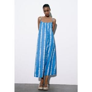 ZARA Blue Striped Tie Dye Linen Spaghetti Strap Midi / Maxi Dress Size XXL